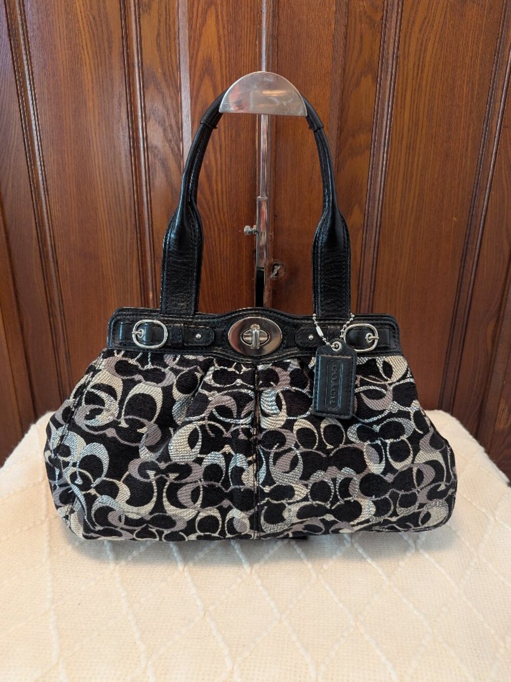 Coach Mia F15517 LARGE Canvas Signature C Black & Silver Magic Bag